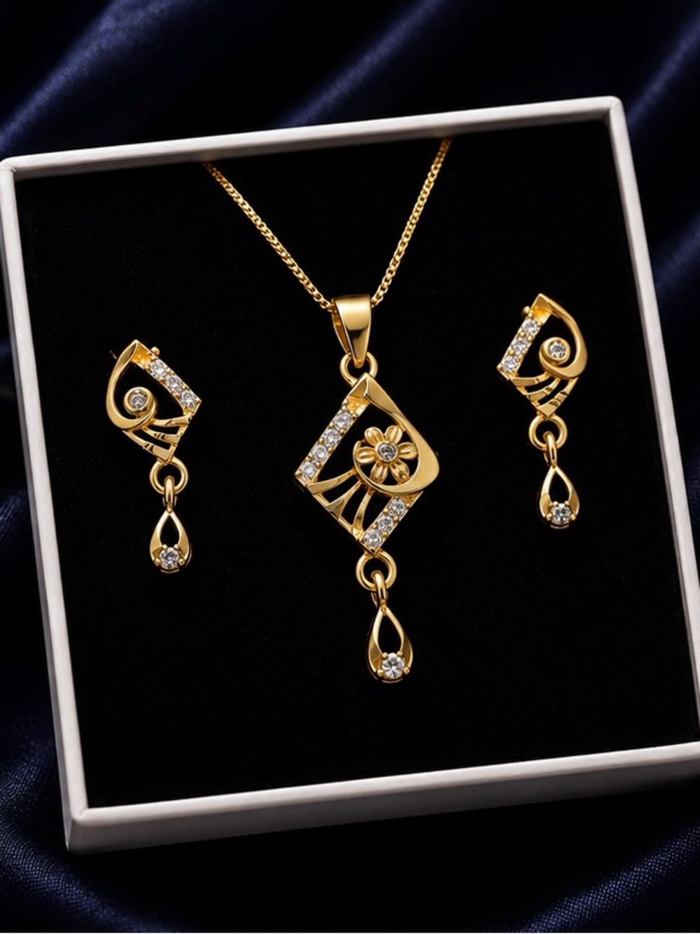 Gold Floral Crystal Pendant Necklace and Earring Set - Women's Jewelry